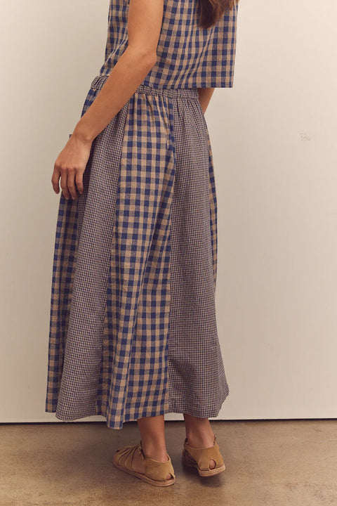 Amente Cotton Gingham Paneled Midi Skirt in Blue. Checkered midi skirt, paneled, flowy, with pockets