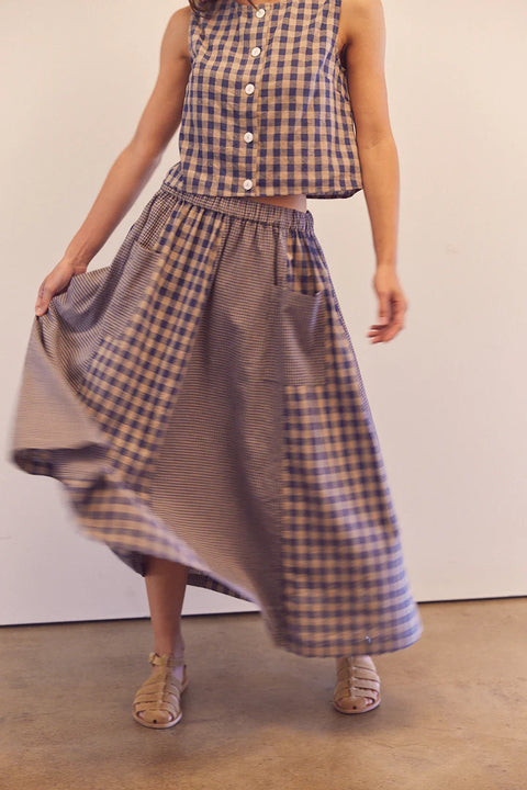 Amente Cotton Gingham Paneled Midi Skirt in Blue. Checkered midi skirt, paneled, flowy, with pockets