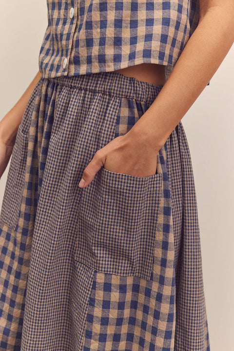 Amente Cotton Gingham Paneled Midi Skirt in Blue. Checkered midi skirt, paneled, flowy, with pockets