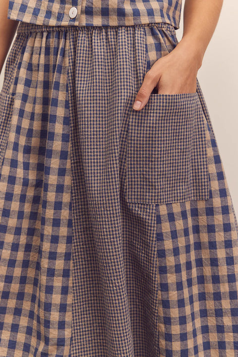 Amente Cotton Gingham Paneled Midi Skirt in Blue. Checkered midi skirt, paneled, flowy, with pockets