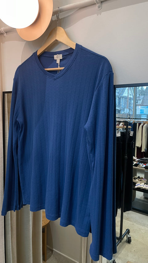 DONNI The Pointelle V-Neck Long Sleeve | Blueberry