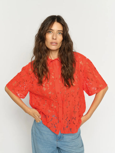 Mos Mosh Mos Mosh Lia River SS Lace Shirt in Spicy Orange: relaxed, mini, casual, cotton, denim