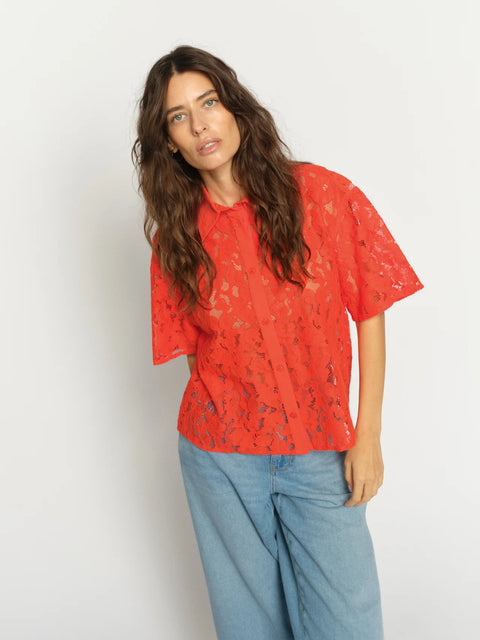 Mos Mosh Mos Mosh Lia River SS Lace Shirt in Spicy Orange: relaxed, mini, casual, cotton, denim