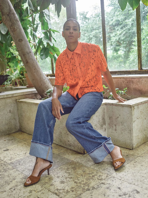 Mos Mosh Mos Mosh Lia River SS Lace Shirt in Spicy Orange: relaxed, mini, casual, cotton, denim