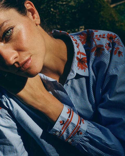 Mos Mosh Mos Mosh Osmo Stripey Shirt in Brunnera Blue: relaxed, tailored, everyday, cotton, chic