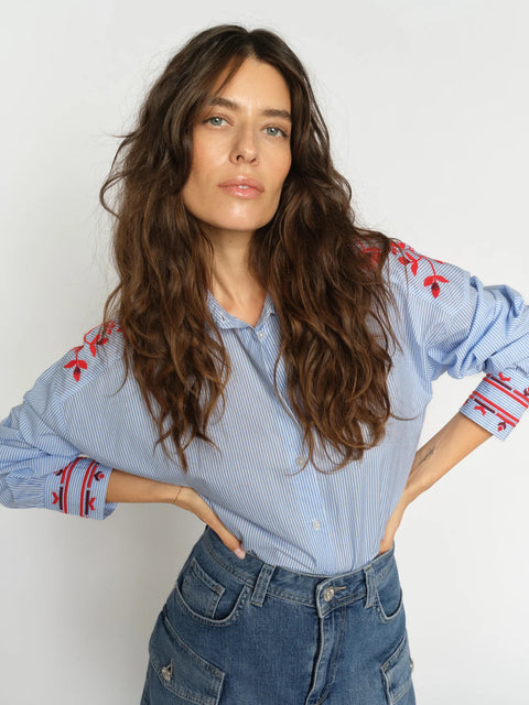 Mos Mosh Mos Mosh Osmo Stripey Shirt in Brunnera Blue: relaxed, tailored, everyday, cotton, chic