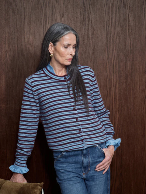 Mos Mosh Milvi Stripe Cardigan in Port Royale - Women's Fitted O-Neck Button-Front Stripe Cardigan in Wool Alpaca Mohair Blend