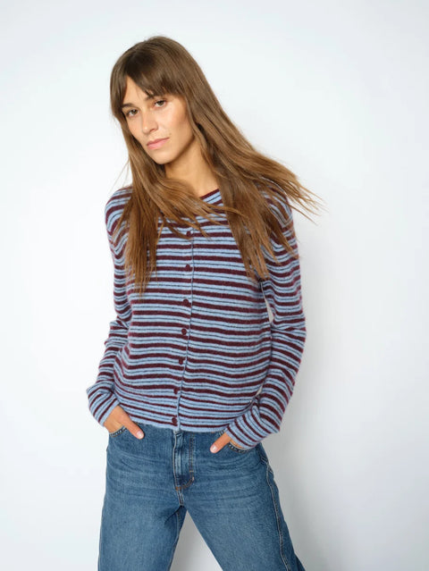 Mos Mosh Milvi Stripe Cardigan Port Royale - Side View Highlighting Fitted Silhouette and Soft Wool Alpaca Mohair Blend