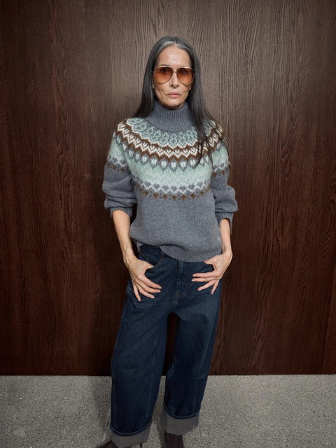 Mos Mosh Daya Fjord Highneck Knit in Thunderstorm — front view of jacquard high neck sweater