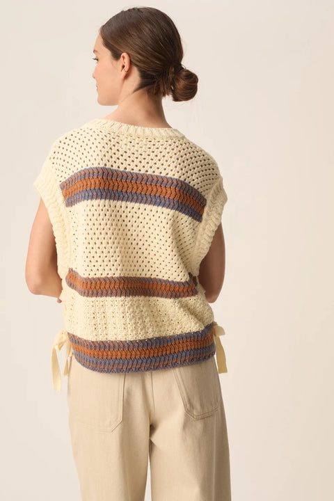Des Petits Hauts Des Petits Hauts Baba Sleeveless Sweater in Creme with Choco: relaxed, summer, vacation, organic
