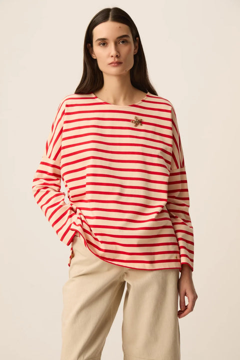 Des Petits Hauts Des Petits Hauts Filly Striped Long Sleeve Tee in Peach with Homard: oversized, soft, cotton, essential