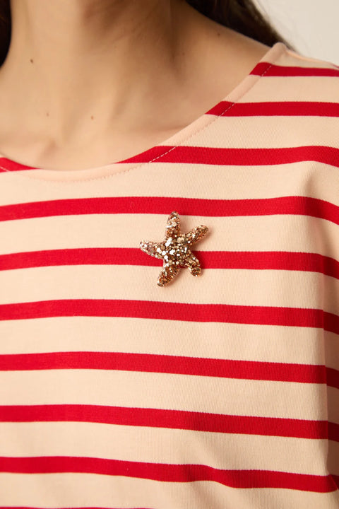 Des Petits Hauts Des Petits Hauts Filly Striped Long Sleeve Tee in Peach with Homard: oversized, soft, cotton, essential