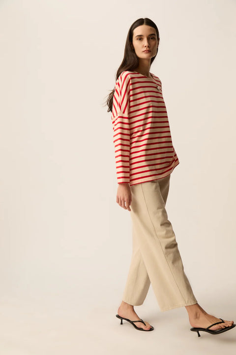 Des Petits Hauts Des Petits Hauts Filly Striped Long Sleeve Tee in Peach with Homard: oversized, soft, cotton, essential