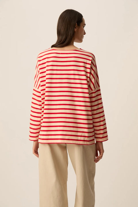 Des Petits Hauts Des Petits Hauts Filly Striped Long Sleeve Tee in Peach with Homard: oversized, soft, cotton, essential