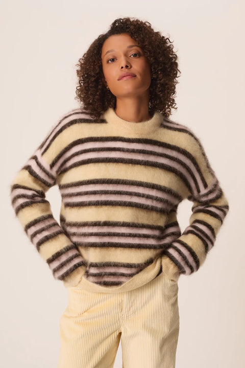 Des Petits Hauts Conrad Sweater in Vanille Ourson - Women's Oversized Superfine Alpaca Blend Striped Crew Neck Sweater Made in Italy
