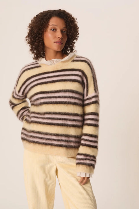 Des Petits Hauts Conrad Vanille Alpaca Sweater - Close-Up of Stripe Pattern and Soft Superfine Alpaca Polyamide Elastane Knit