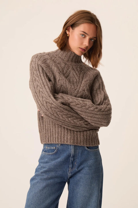 Des Petits Hauts Angie Funnel Neck Knit in Loutre — front view of cropped cable knit sweater