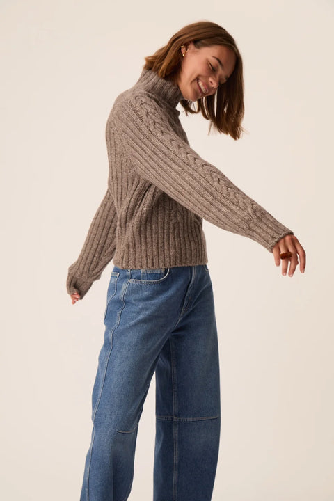 Des Petits Hauts Angie Funnel Neck Loutre styled with a midi skirt