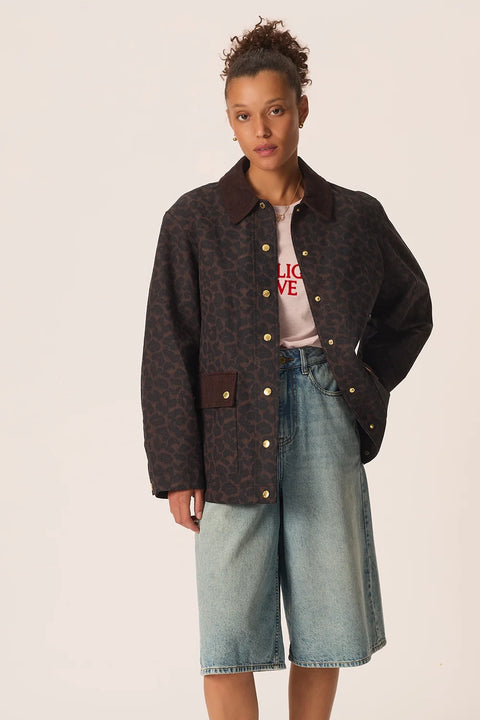 Des Petits Hauts Yolanda Coat in Leopard - Women's Water-Repellent 100% Cotton Barn Jacket-Inspired Coat with Corduroy Collar and Patch Pockets in Faux-Solid Leopard Print