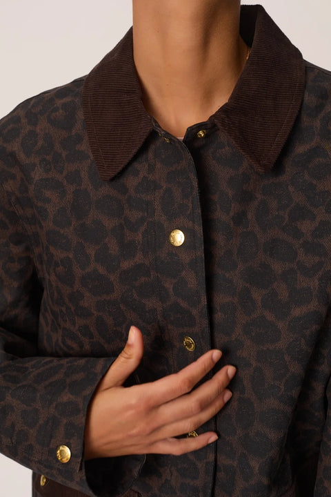 Des Petits Hauts Yolanda Leopard Print Coat - Back View of Women's Autumn Barn-Inspired Cotton Outerwear