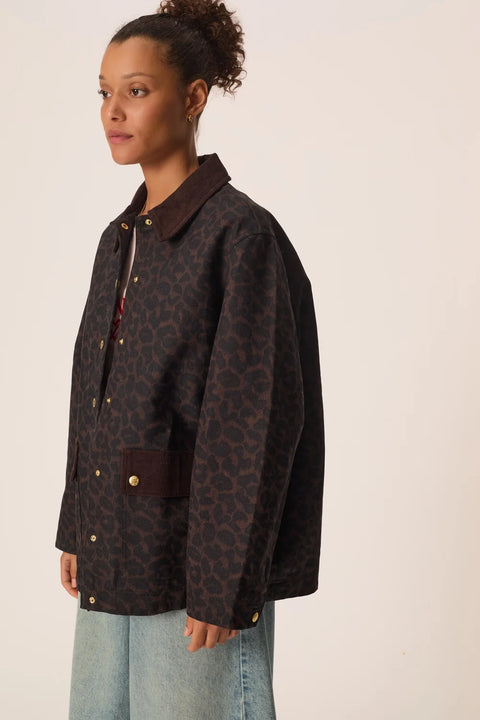 Des Petits Hauts Yolanda Leopard Coat - Styled Shot Worn Over Tee and Jeans Showing Urban Autumn Look