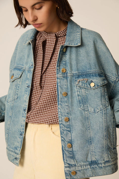 Des Petits Hauts Pompon Pin Groovy - Styled Shot Layered with Other Pins Showing Statement Accessory Look