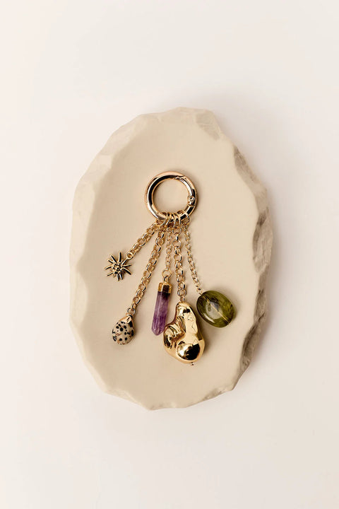 Des Petits Hauts Pia Charm - Amethyst and Dalmatian Jasper Semi-Precious Stone Bag Charm and Keyring with Brass Hardware