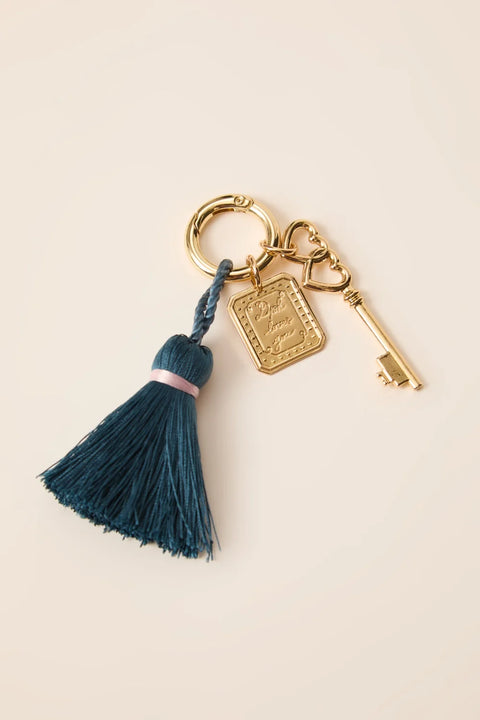 Des Petits Hauts Paolino Charm - Brass and Zamak Multi-Charm Bag Accessory with Tassel, Double-Heart Key and Engraved Gold-Tone Plaque