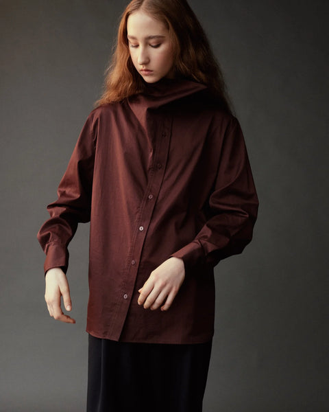 Mijeong Park Asymmetric Cotton Shirt in Brown - Women's Oversized Cotton Shirt with Funnel Neck and Asymmetrical Button Front