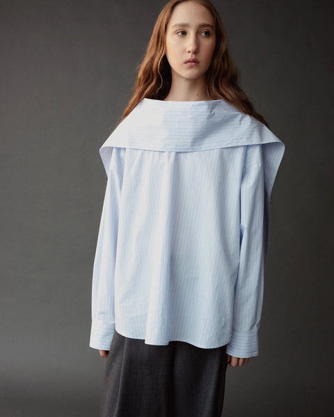 Mijeong Park Tie Neck Blouse Light Blue - Front View Showing Tie Detail Draped at the Collar