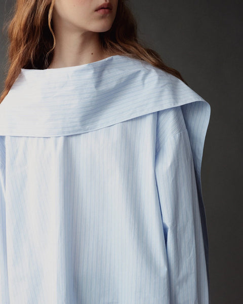 Mijeong Park Tie Neck Blouse Light Blue - Front View Showing Tie Detail Fastened for a More Defined Look