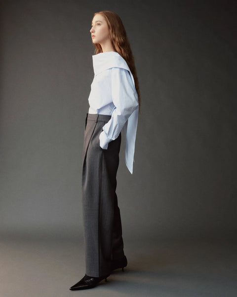 Mijeong Park Tie Neck Blouse Light Blue - Styled Shot Worn Draped Open for an Effortless Look