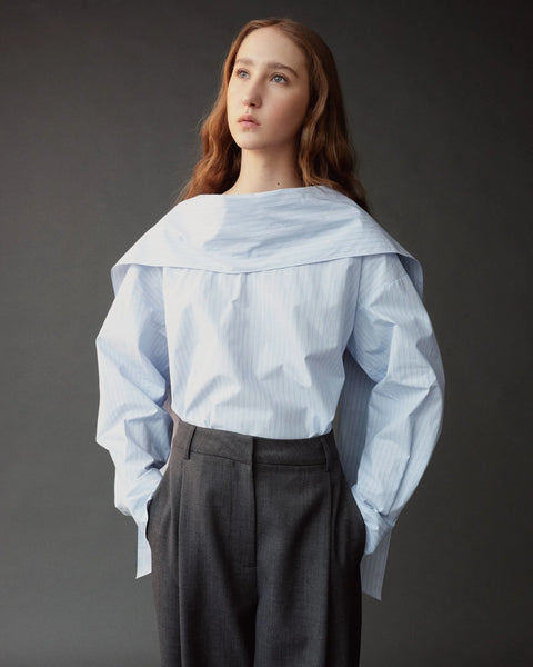 Mijeong Park Tie Neck Blouse in Light Blue - Women's Relaxed Fit Cotton Blouse with Tie Detail at Collar