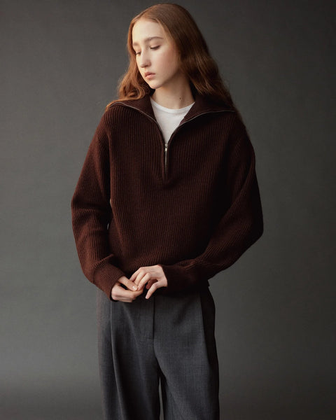 Mijeong Park Ribbed Half Zip Sweater in Brown - Women's Oversized Wool Blend Sweater with Half Zip and Ribbed Knit