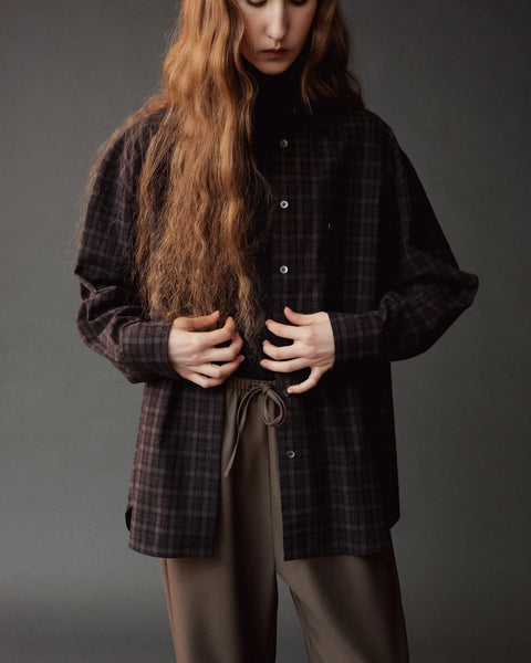 Mijeong Park Oversized Plaid Shirt in Black Plaid - Women's Oversized Cotton Button-Front Shirt with Dropped Shoulder