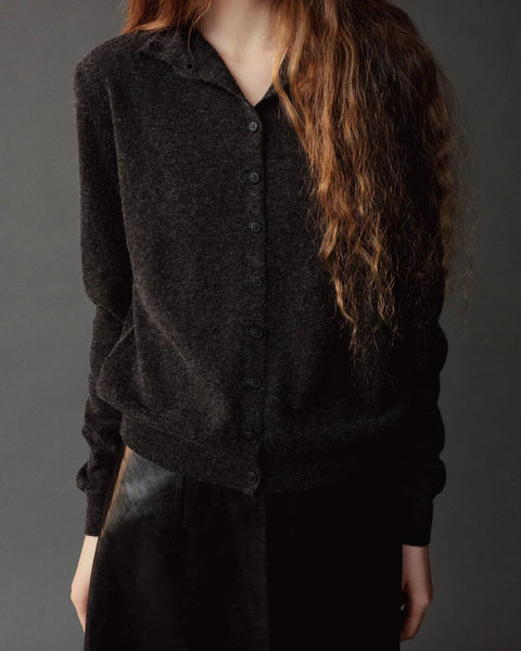 Mijeong Park Mock Neck Cardigan in Charcoal - Women's Midweight Wool Blend Cardigan with Relaxed Roll Neck and Ribbed Trim