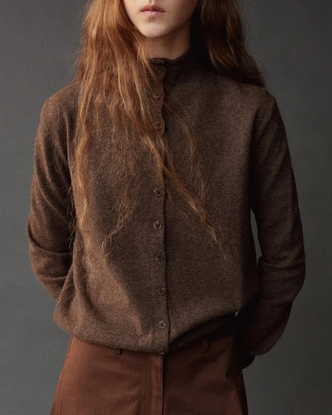 Mijeong Park Mock Neck Cardigan in Dark Beige - Women's Midweight Wool Blend Cardigan with Relaxed Roll Neck and Ribbed Trim