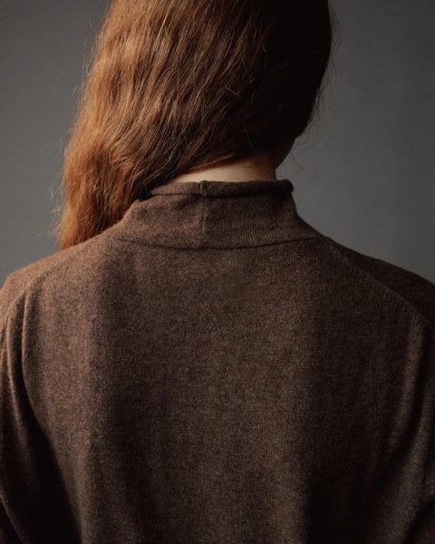 Mijeong Park Mock Neck Cardigan - Side View Highlighting Long Sleeve Silhouette in Dark Beige Wool Blend