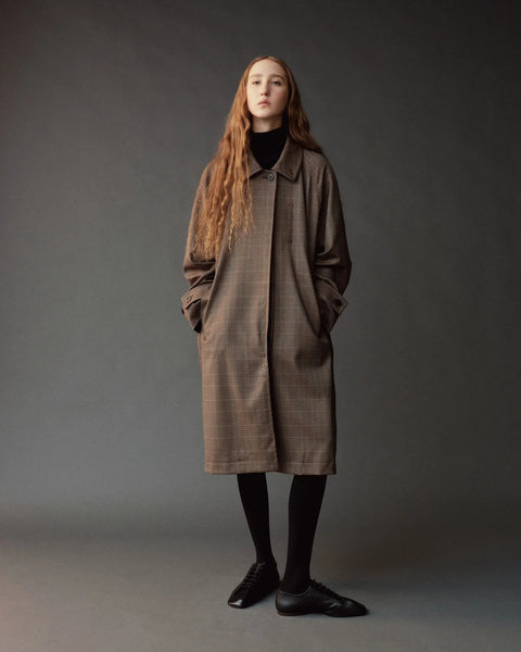 Mijeong Park Wool Blend Trench in Brown Plaid - Women's Oversized Midweight Wool Trench Coat with Raglan Sleeves and Covered Placket