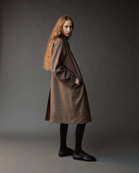Mijeong Park Trench Coat Brown Plaid - Front View Showing Covered Button Placket and Plaid Pattern