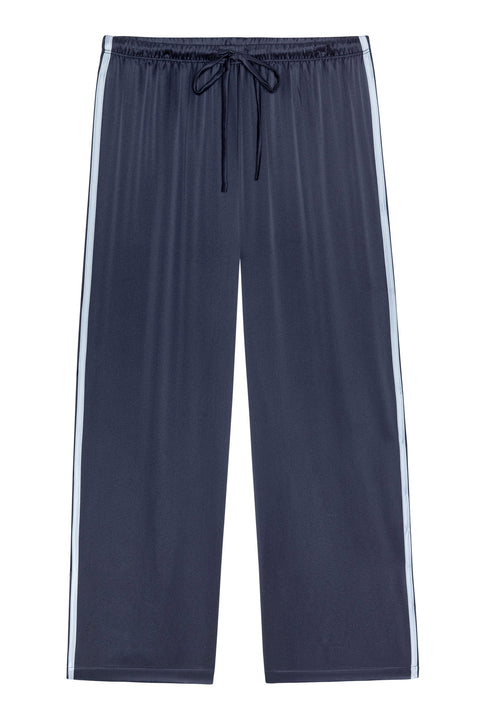 DONNI Silk Stripe Crop Pant in Navy Cloud - Styled Shot of Women's Refined Silk Cropped Trouser Made in California