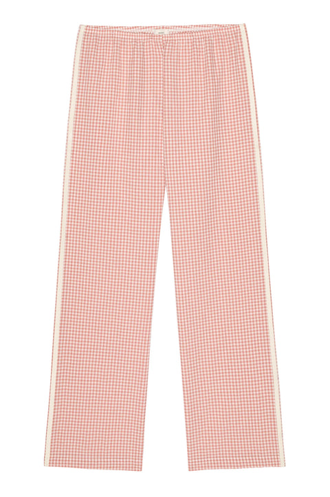DONNI Cotton Gingham Stripe Cropped Pant in Rhubarb - Styled Shot of Women's Breathable Sporty LA-Made Pink Gingham Trouser