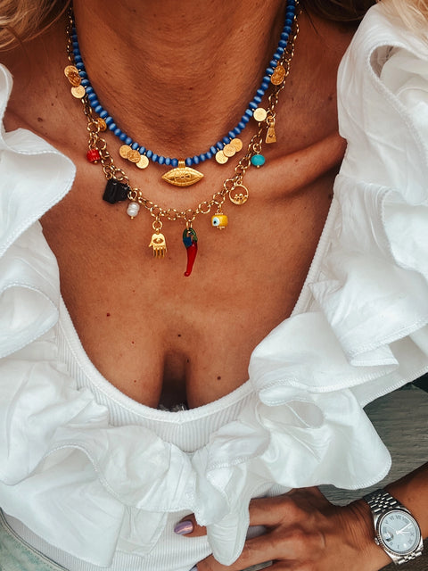 Goupi Necklace 05 | Blue Beaded Multi Charm Summer Necklace