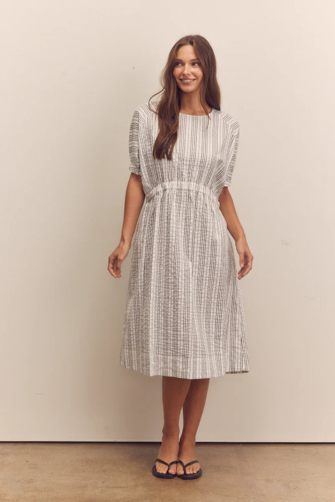 Amente Waist Shirring Midi Dress | Black/White Stripe