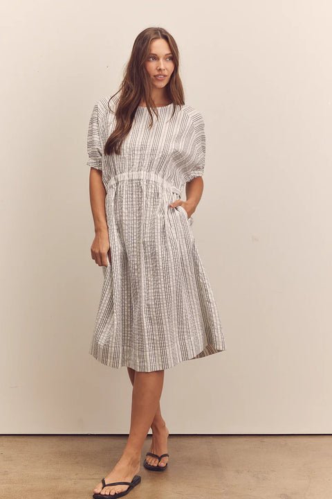 Amente Waist Shirring Midi Dress | Black/White Stripe
