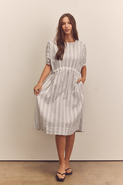 Amente Waist Shirring Midi Dress | Black/White Stripe