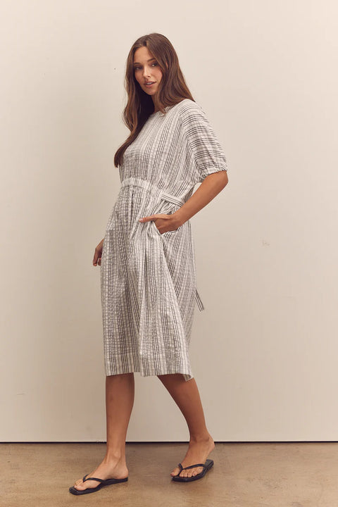 Amente Waist Shirring Midi Dress | Black/White Stripe