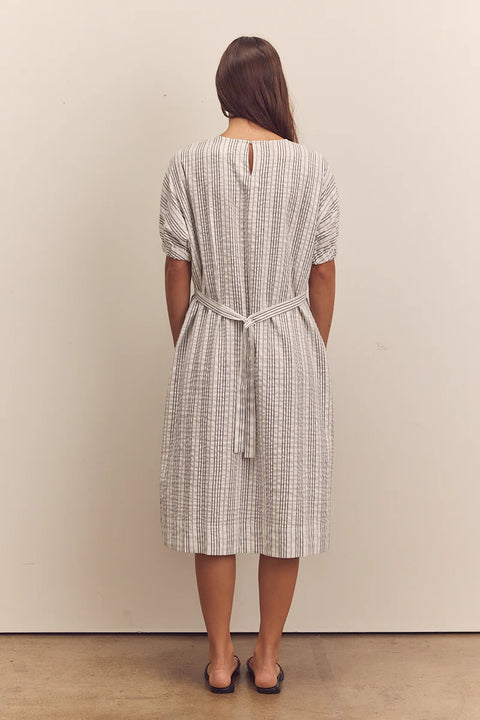 Amente Waist Shirring Midi Dress | Black/White Stripe