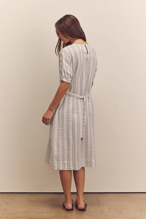 Amente Waist Shirring Midi Dress | Black/White Stripe