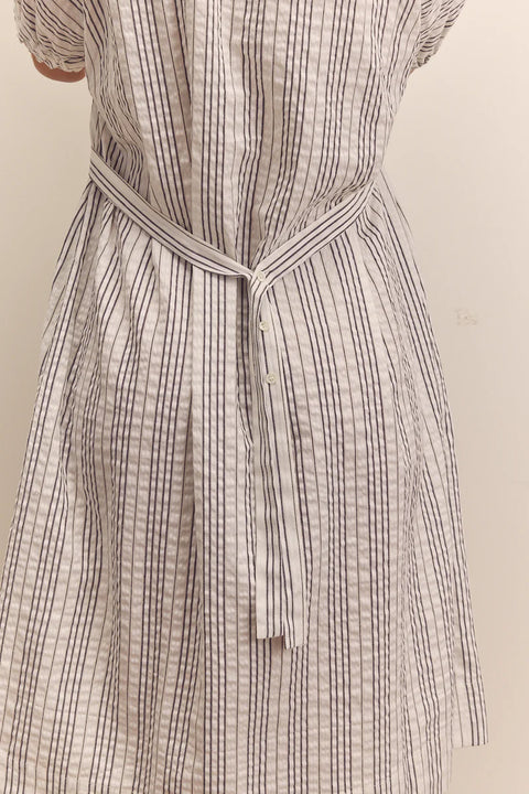 Amente Waist Shirring Midi Dress | Black/White Stripe